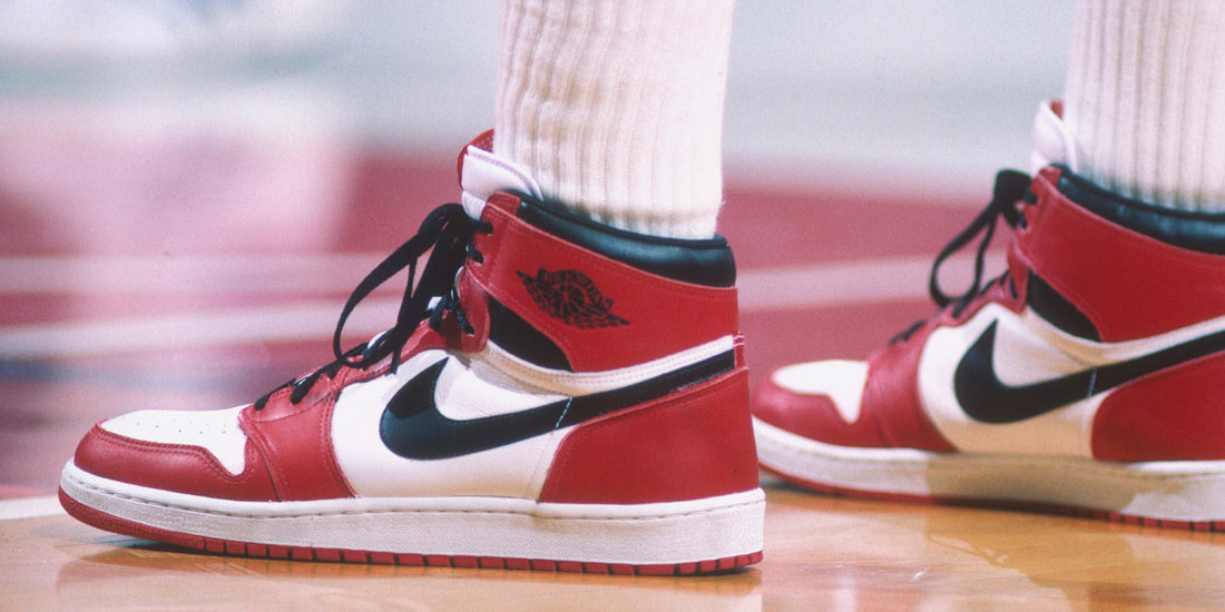 (Focus on Sport//Getty Images) Close-up view of the Nike "Air Jordan" footwear by Michael Jordan in a game during the year 1985.